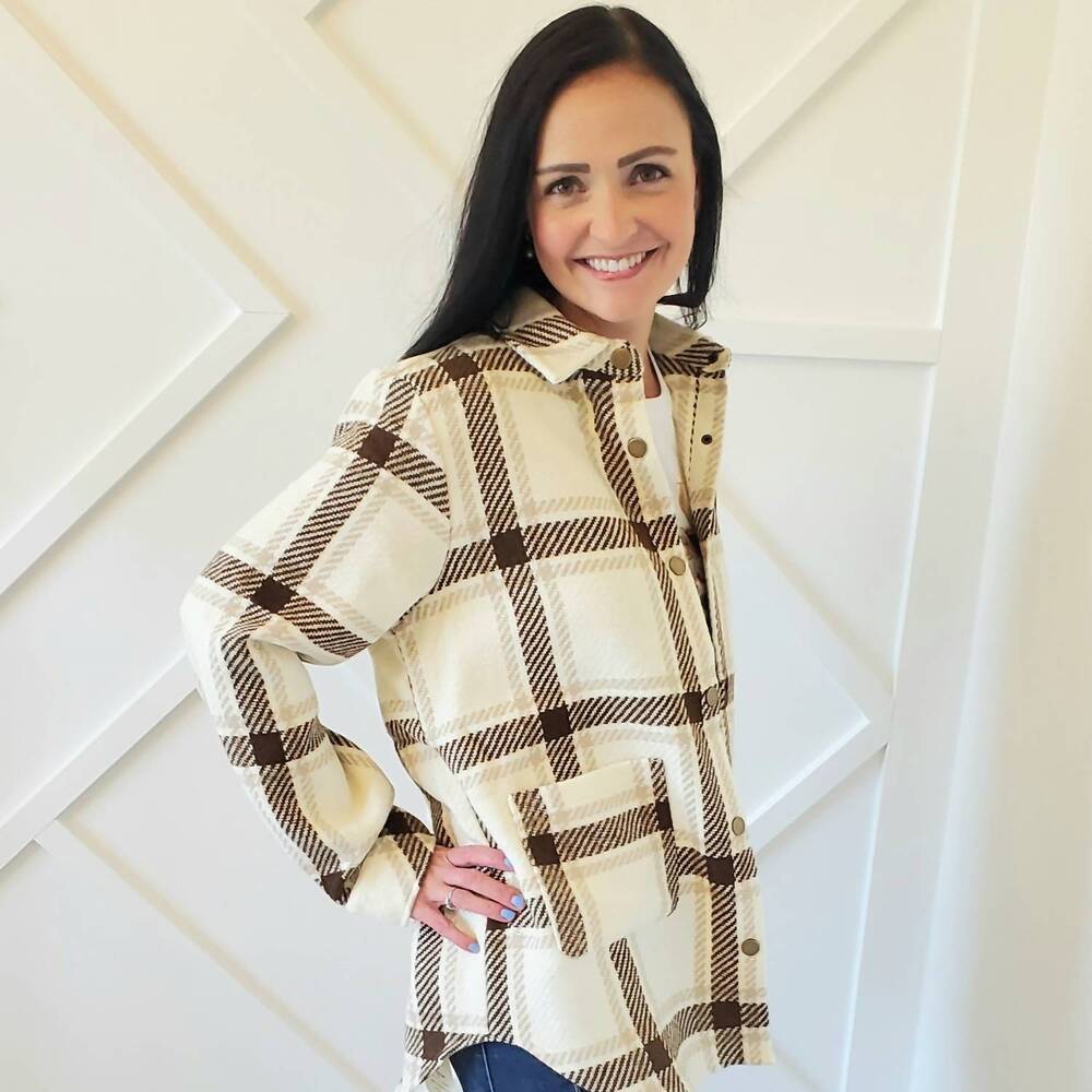 NEW BLUE B plaid long shacket with snaps in beige brown